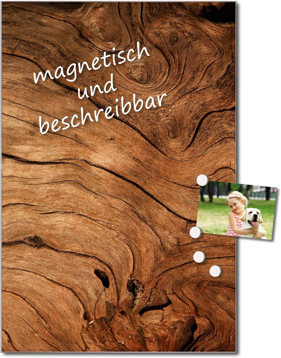 banjado® Glas Magnettafel mit 4 Magneten - Magnetwand 50x75cm mit Motiv Trockenes Holz - Memoboard/P