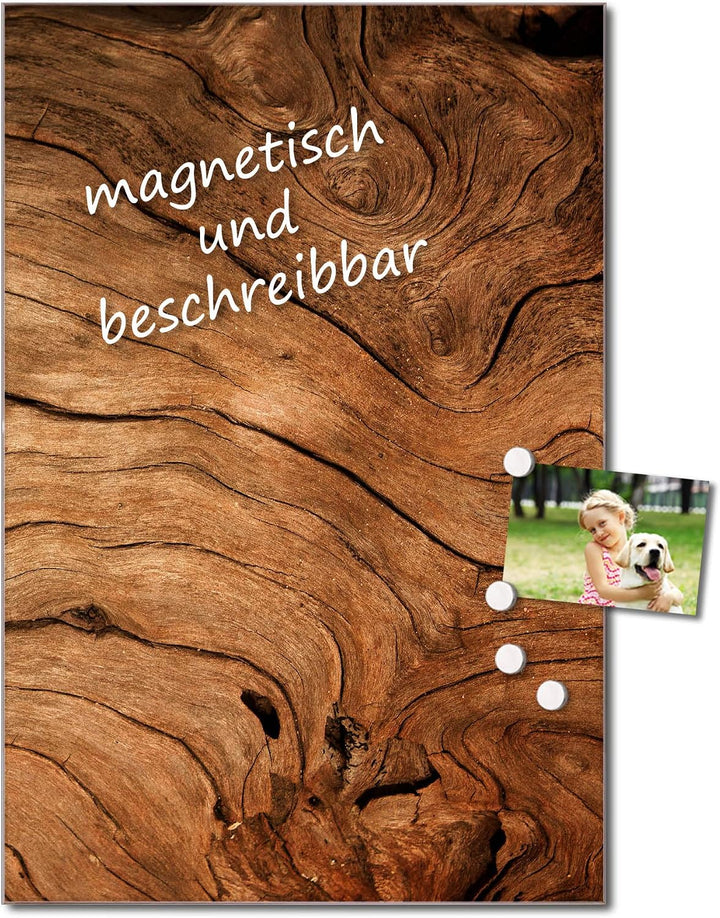 banjado® Glas Magnettafel mit 4 Magneten - Magnetwand 50x75cm mit Motiv Trockenes Holz - Memoboard/P
