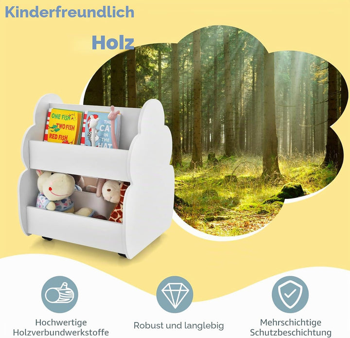 HOMASIS Kinder Bücherregal Spielzeugregal mit 2 Fächern, Holz Kinderregal Standregal mit 4 Rädern, n