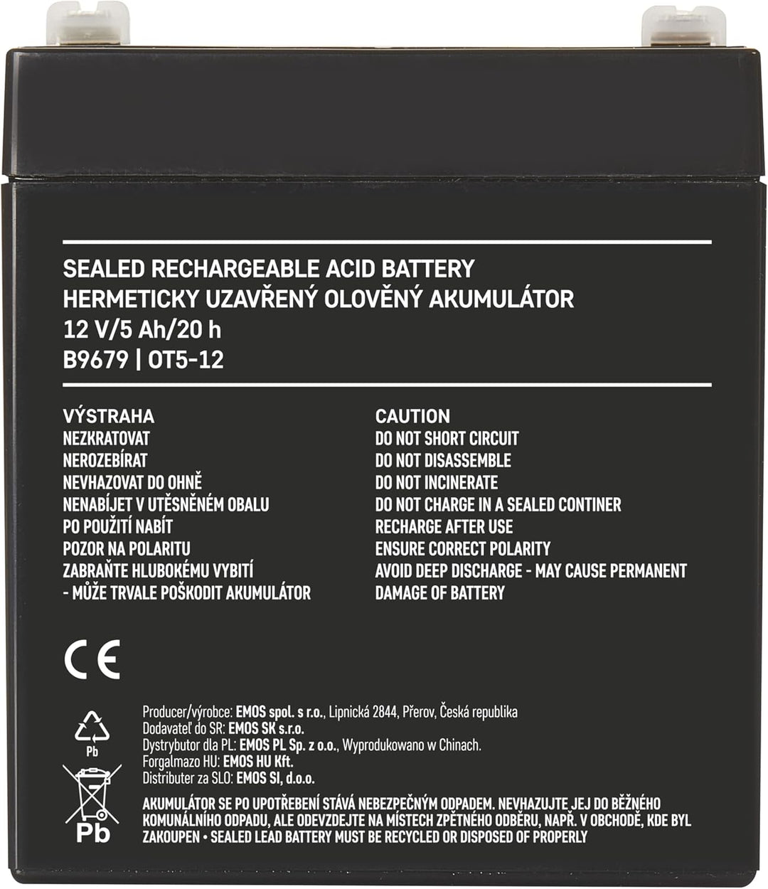 EMOS - Wartungsfreier Bleiakku - 12V 5Ah - AGM Batterie - Faston 6,3mm Anschluss - Für Alarmsysteme,
