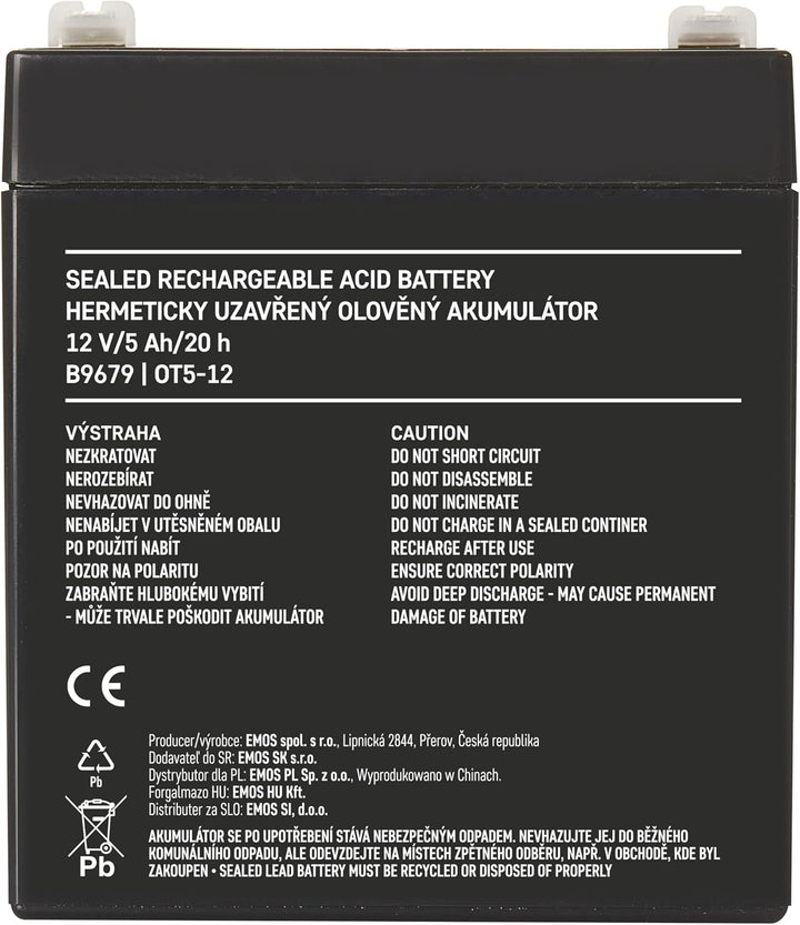 EMOS - Wartungsfreier Bleiakku - 12V 5Ah - AGM Batterie - Faston 6,3mm Anschluss - Für Alarmsysteme,