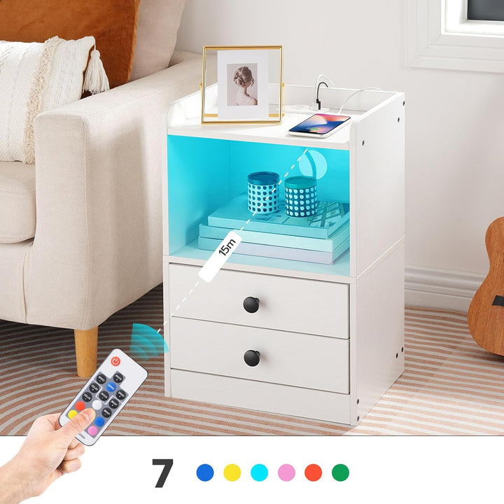 HOOBRO Nachttisch mit LED Streifen, Nachttisch mit Ladestation, Beistelltisch mit 2 Schubladen, Sofa