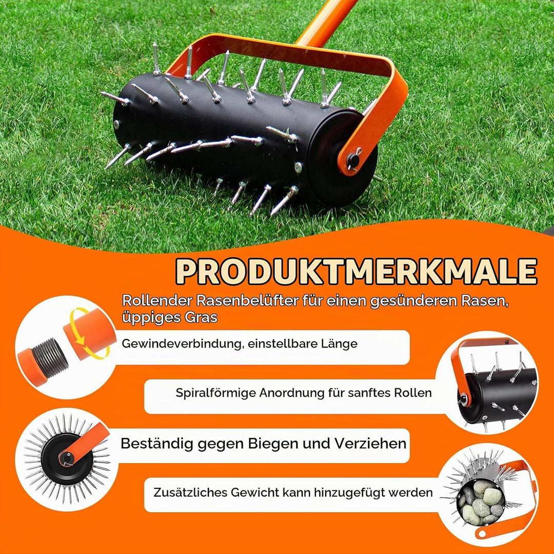 Rasenlüfter Walze, Rasenbelüfter Manuell, Handvertikutierer Rollend mit 42 Nägeln 5cm &amp; Spritzschutz