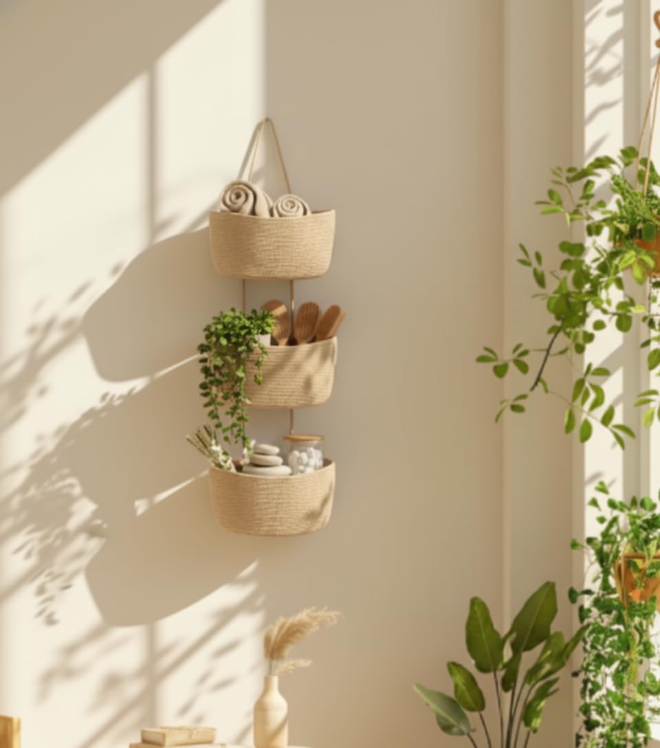danpinera Aufbewahrungskörbe, 3-stöckige Baumwollseilkörbe mit Knopfriemen über der Tür, Wandorganiz