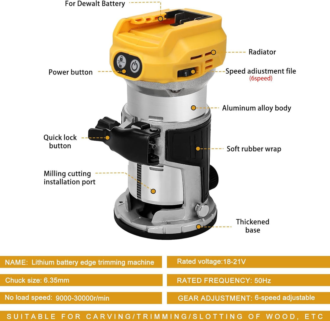 Akku Oberfräse kompatibel mit Dewalt 20V Akku, 1300W Bürstenlose Kantenfräser mit 6 Geschwindigkeite