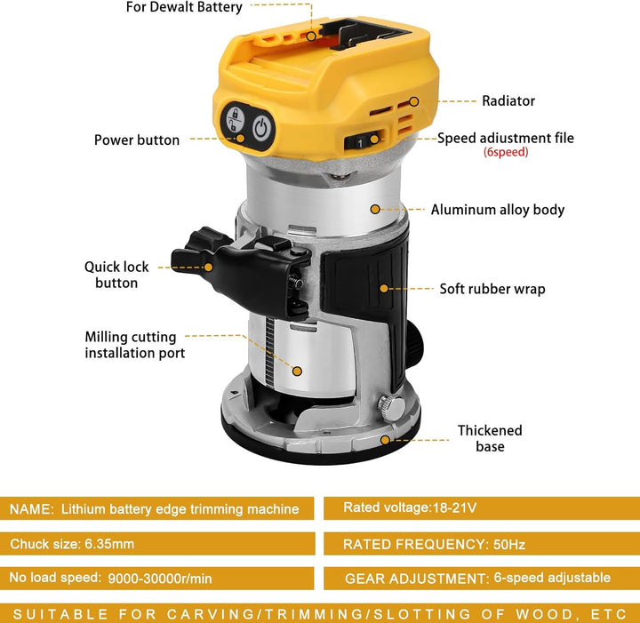 Akku Oberfräse kompatibel mit Dewalt 20V Akku, 1300W Bürstenlose Kantenfräser mit 6 Geschwindigkeite