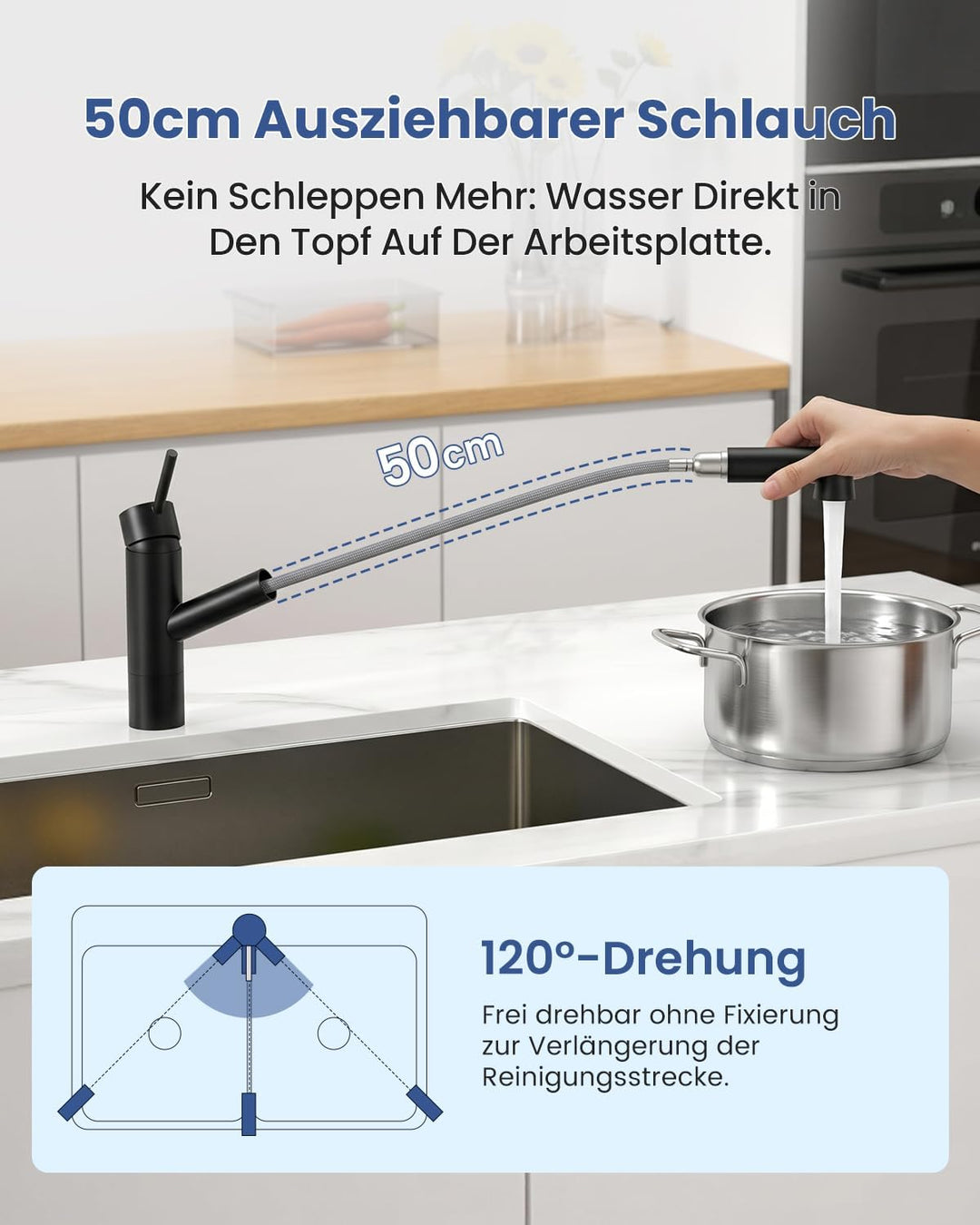 Schwarz Wasserhahn Küche 360° Drehbar, Küchenarmatur Ausziehbar mit Hohe Bogenauslauf, 2 Strahlarten