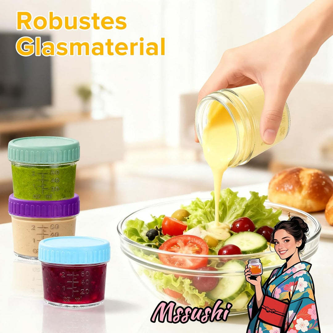 Mssushi 8 Stk 120ml Salatdressing Behälter, Glas Dressing Behälter mit Silikondeckel Auslaufsicher,