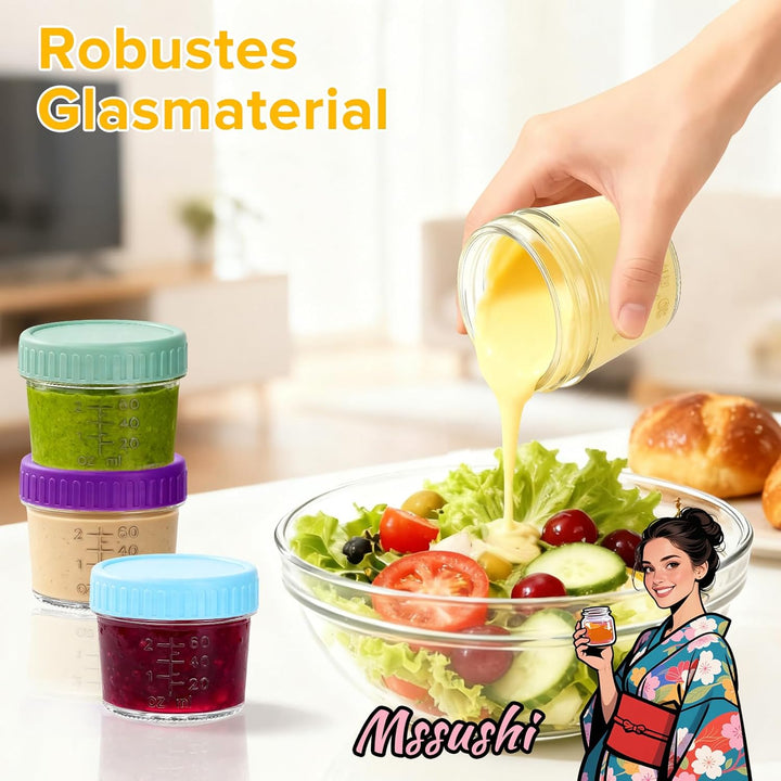 Mssushi 8 Stk 120ml Salatdressing Behälter, Glas Dressing Behälter mit Silikondeckel Auslaufsicher,