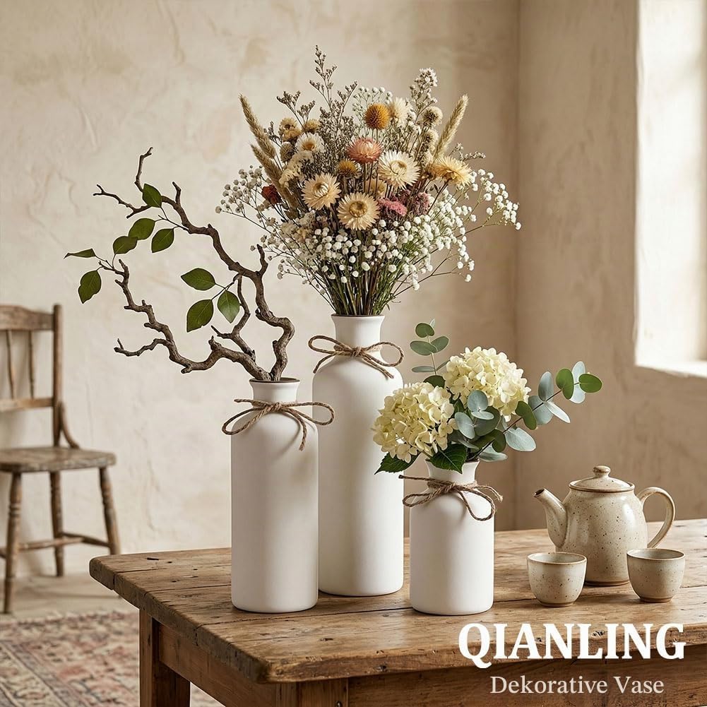 Weisses Keramik-Vasen-Set – 3 kleine Vasen, Boho-Vasen, Moderne Bauernhaus-Wohnkultur-Akzente, Wohnz