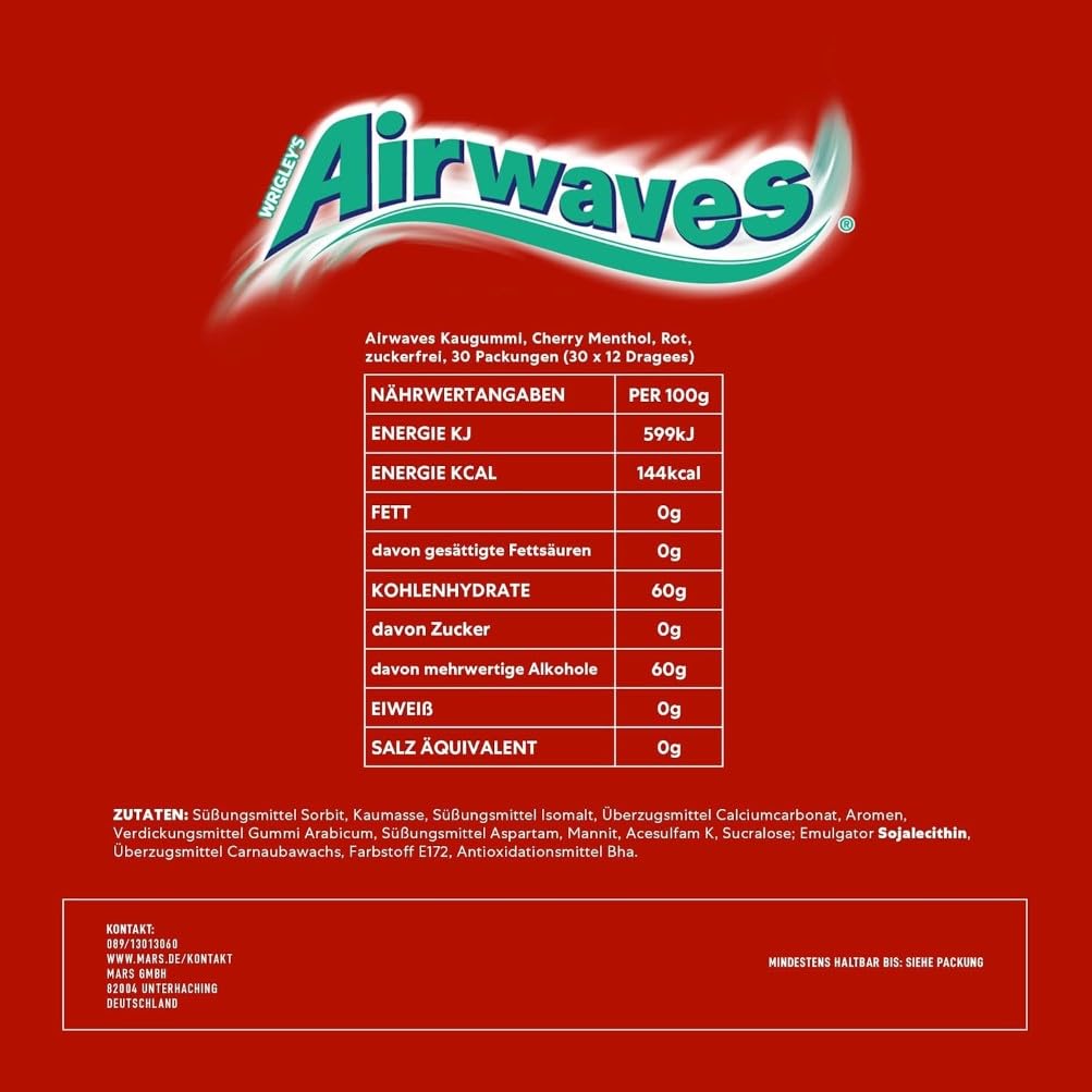 Airwaves Cherry Menthol, rot, zuckerfreier Kaugummi, fruchtige Minzfrische, 30 Packungen x 12 Dragee