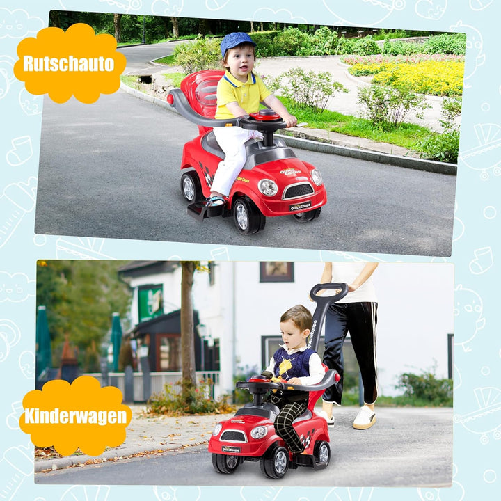 DREAMADE Rutschauto mit Schiebestange, Rutschfahrzeug mit abnehmbarem Sicherheitsbügel & Fussstützen