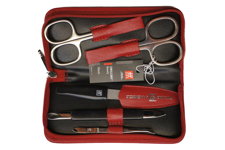 Zwilling 97247-035 Manicure-Etui (5-teilig), Leder-Reissverschluss-Etui (rot), Instrumente vernickel
