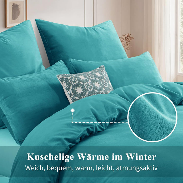 Aisbo Winter Plüsch Bettwäsche 220x200 3teilig Türkis - Flanell Flauschige Warme Bettbezug und 2 Kis