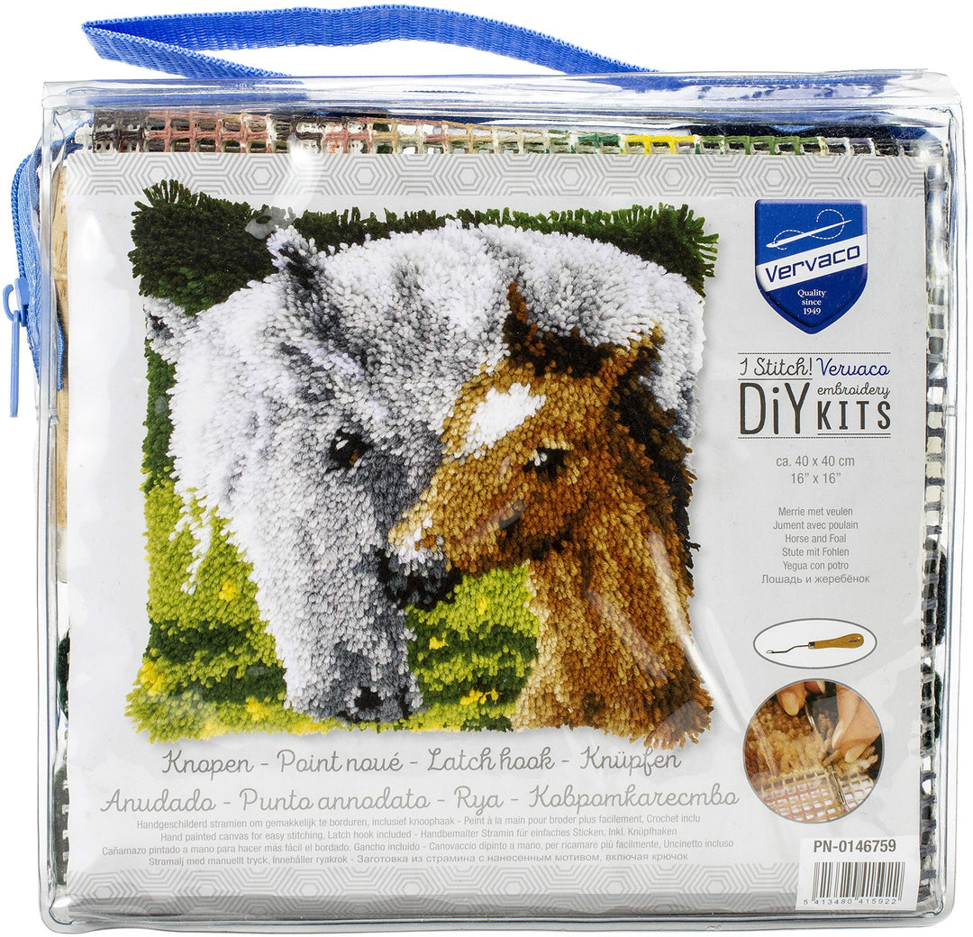 Vervaco Stute mit Fohlen Knüpfkissen mit Knüpfhaken, Baumwolle, Mehrfarbig, 40 x 40 x 1 cm