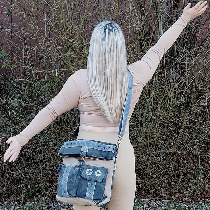 Sunsa Canvas beige Umhängetasche grosse Damen Schultertasche Crossbody Tasche Damentasche mit Leder