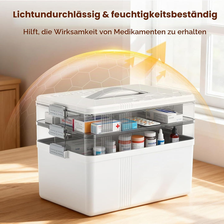 Medikamenten Aufbewahrung 34*22*24.5 cm, 3 Stöckige Hausapotheke mit Tragegriff, Kunststoff Hausapot
