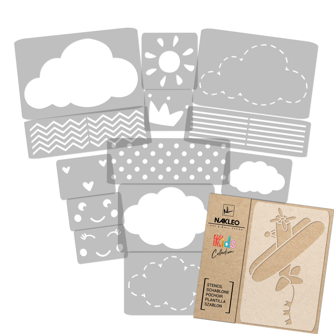 NAKLEO Schablonen Malen für Kinderzimmer, 14 Stück Set 9x12 bis 23x34cm Wolke Himmel, Wiederverwendb