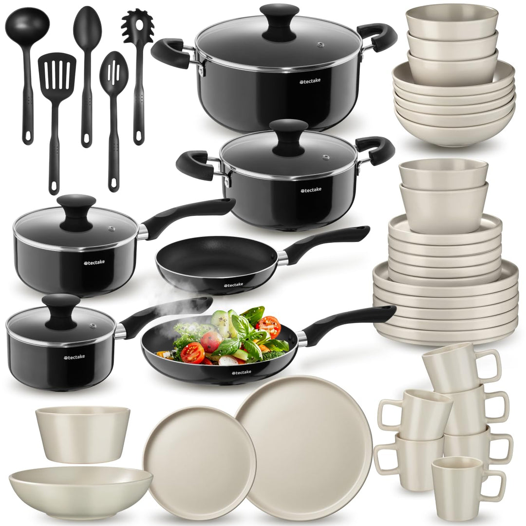 tectake® Küchenstarterset 6 Personen, Steingut Geschirr Set, Teller, 4 Töpfe 2 Pfannen rostfreies Al
