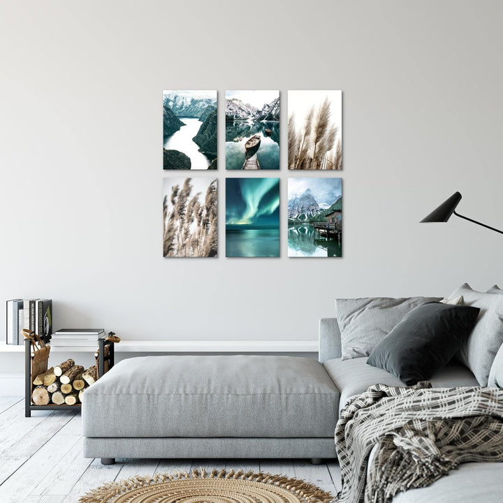 Novart Wandbilder Set - KOMPLETT AUFHÄNGFERTIG - Made in Germany - Moderne Bilder Natur Berge See Wo