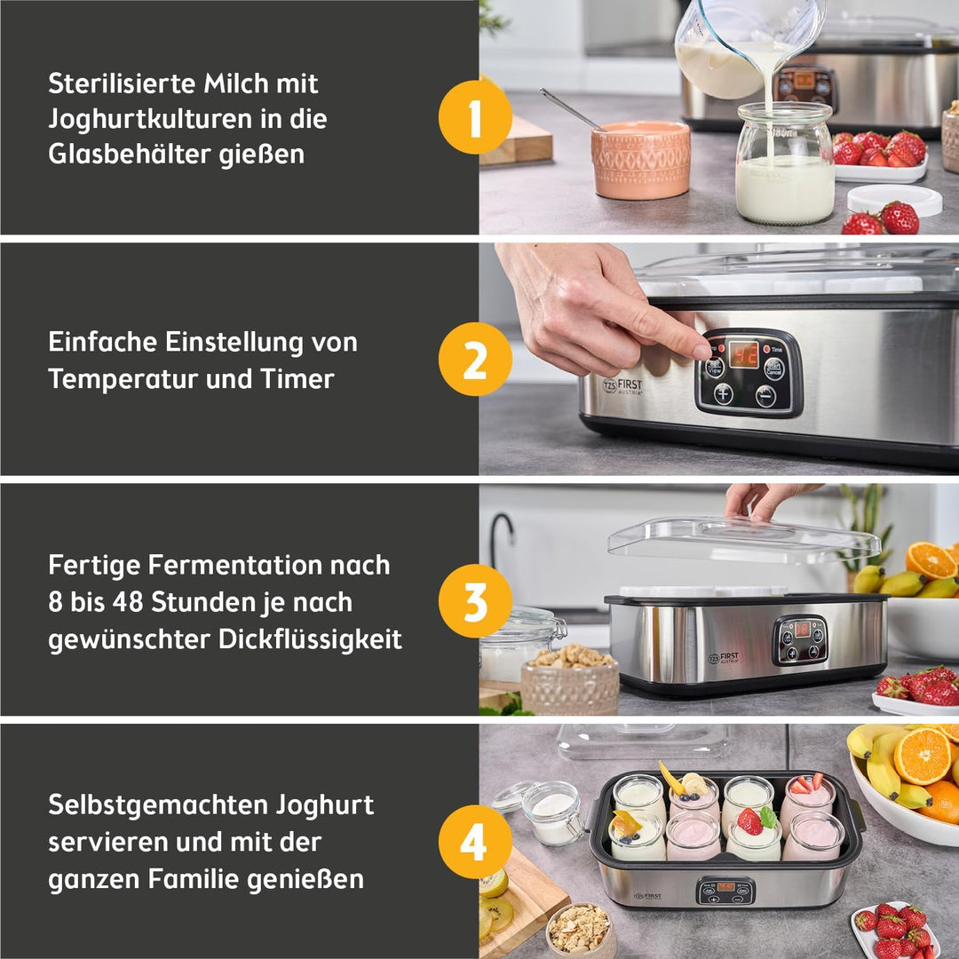 TZS First Austria elektischer Joghurtbereiter, Joghurt Maker, 30 W, 8 Gläser, 190 ml, LCD-Display, T