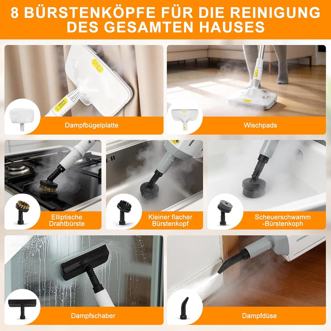 Dampfreiniger 1500W Handgerät mit Abnehmbarem, Multifunktionaler Dampfreiniger & Wischmopp, 500ml Wa