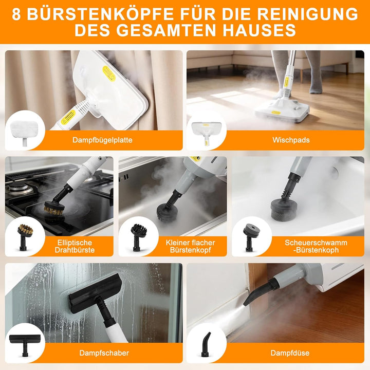 Dampfreiniger 1500W Handgerät mit Abnehmbarem, Multifunktionaler Dampfreiniger & Wischmopp, 500ml Wa