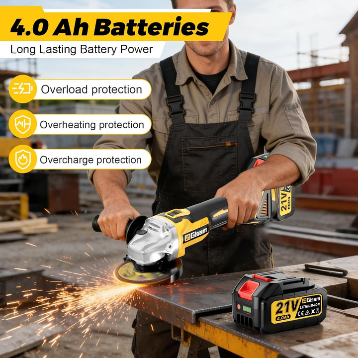 Gisam Akku Winkelschleifer 125mm, Bürstenloser Motor, 4 Drehzahlstufen, 10000 U/min für 18V Makita A