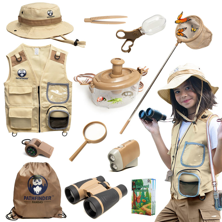 Entdecker-Set für Kinder mit Safariweste, Hut &amp; Insektenfang-Set – Abenteuerführer &amp; Schnitzeljagd –