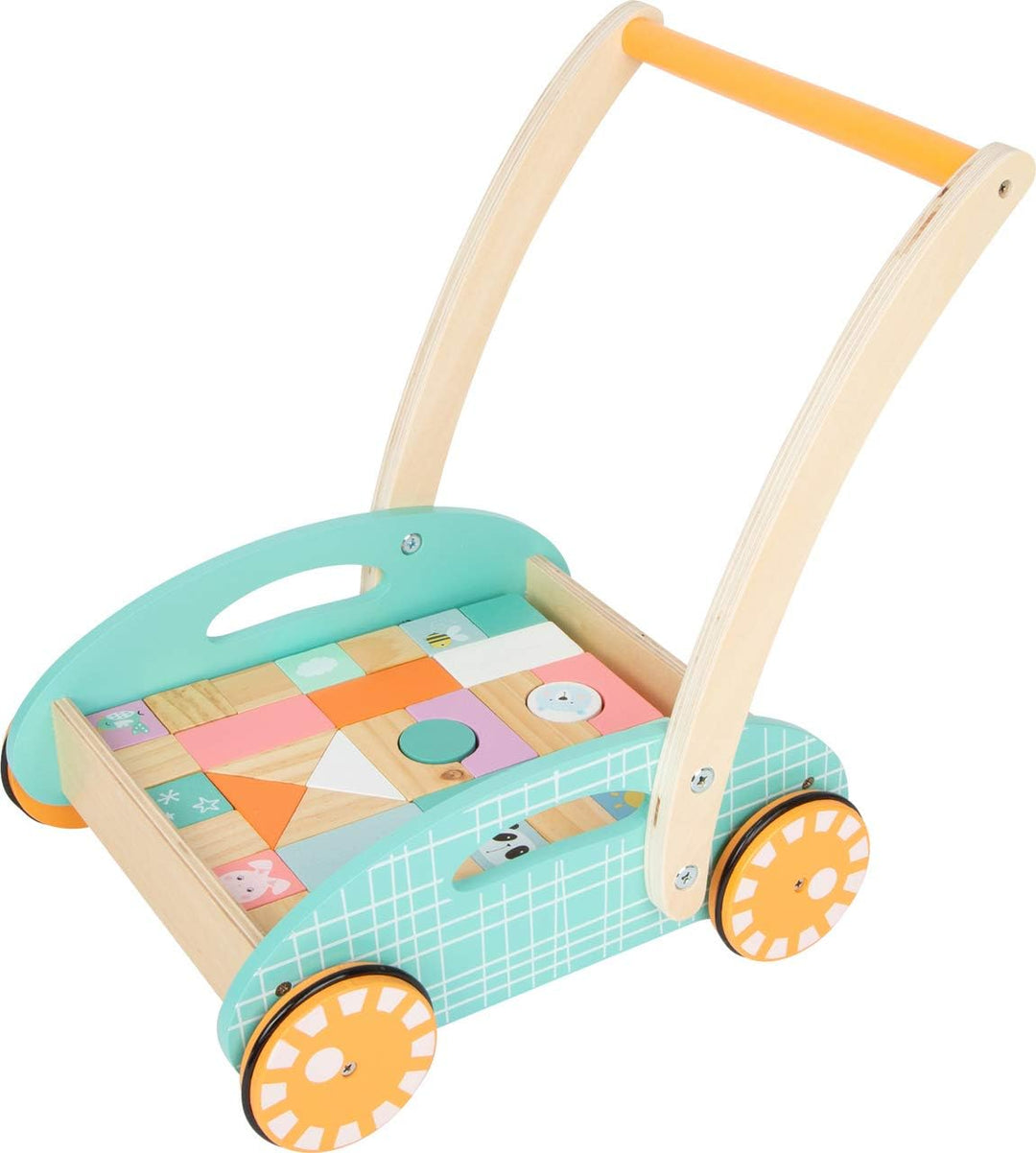 small foot Lauflerwagen "Pastell", inkl. 34 Holzbausteine mit süssen Tiermotiven, ab 12 Monaten, 117