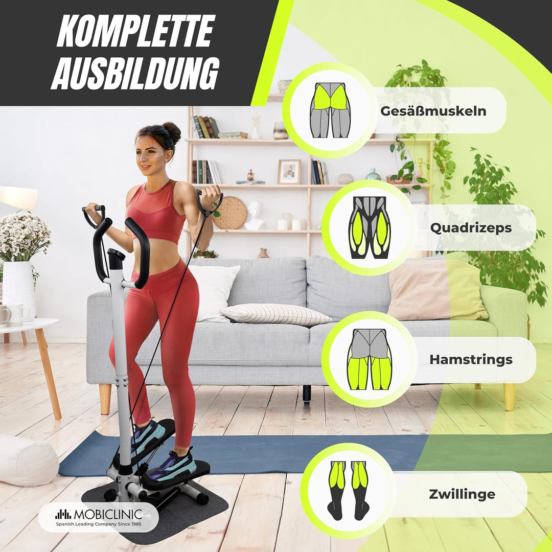 Mobiclinic®, Stepper mit Lenker, Höhenverstellbar, LCD-Monitor, Einstellbare Intensität, rutschfeste