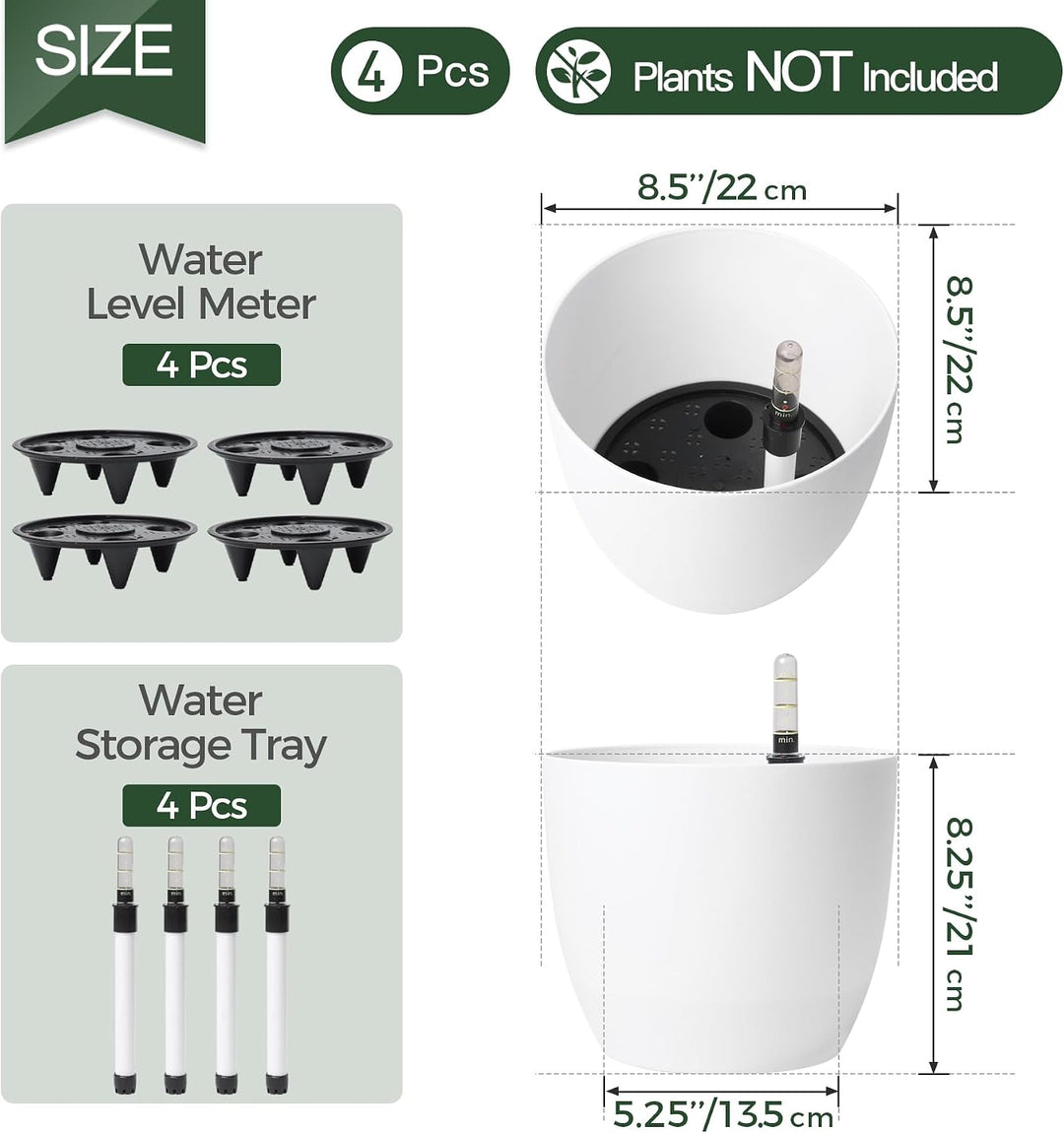 T4U 22cm Selbstwässernder Blumentopf mit Wasseranzeiger Weiss 4er-Set, Selbstbewässerung Wasserspeic