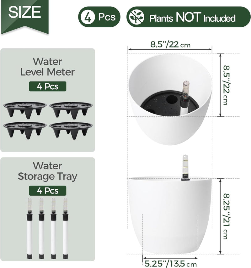 T4U 22cm Selbstwässernder Blumentopf mit Wasseranzeiger Weiss 4er-Set, Selbstbewässerung Wasserspeic