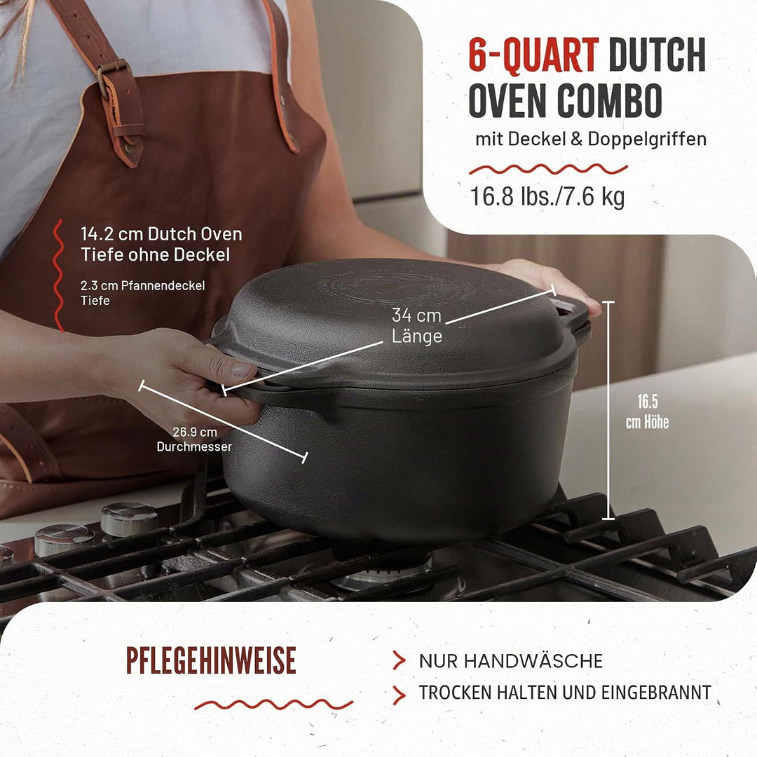 Victoria Dutch Oven Combo Gusseisen Eingebrannte 27cm/ 5,7L, Cast Iron Topf Brot Backen Seasoned Tox
