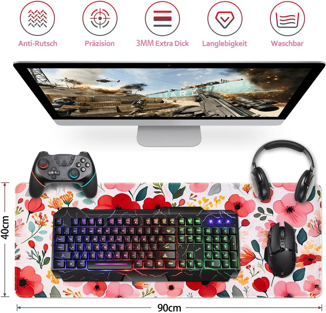 Zindoo Mauspad XXL 900 x 400 mm– Weisses Gaming Mousepad mit Rosa & Roten Blumen – Grosse rutschfest