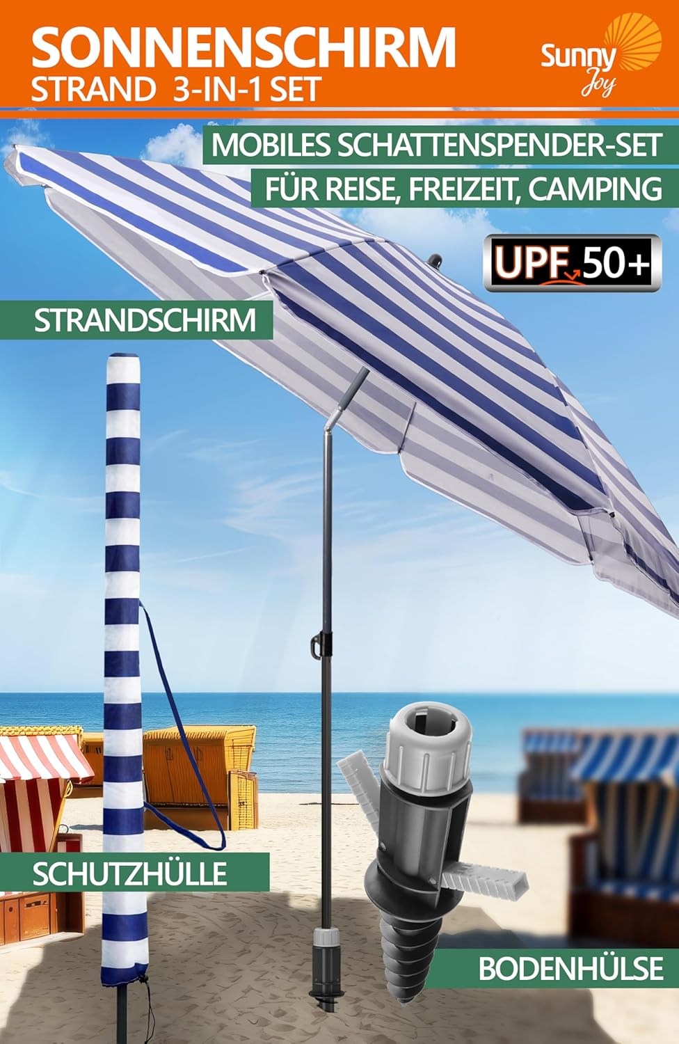 4smile Sonnenschirm Strand Ø 180 cm, 3-in-1 SET mit Bodenhülse, Blau-Weiss | UPF 50+ Strandschirm +