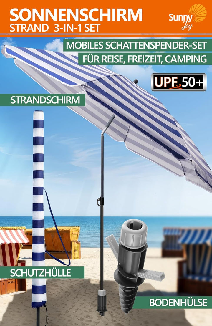 4smile Sonnenschirm Strand Ø 180 cm, 3-in-1 SET mit Bodenhülse, Blau-Weiss | UPF 50+ Strandschirm +