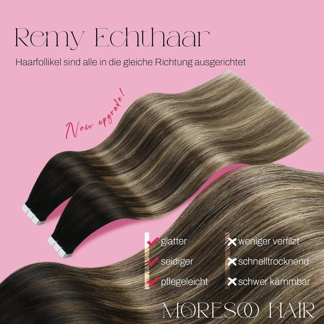 Moresoo Tape in Extension Echthaar Balayage Schwarz Remy Unsichtbare Extensions Echthaar Tape Schwar
