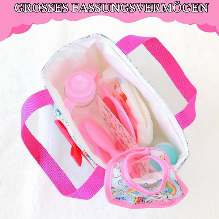 Babypuppe Zubehör Set – 13-teilig mit Puppenwickeltasche Kleid Kamm Spiegel Windel Lätzchen Aufklebe