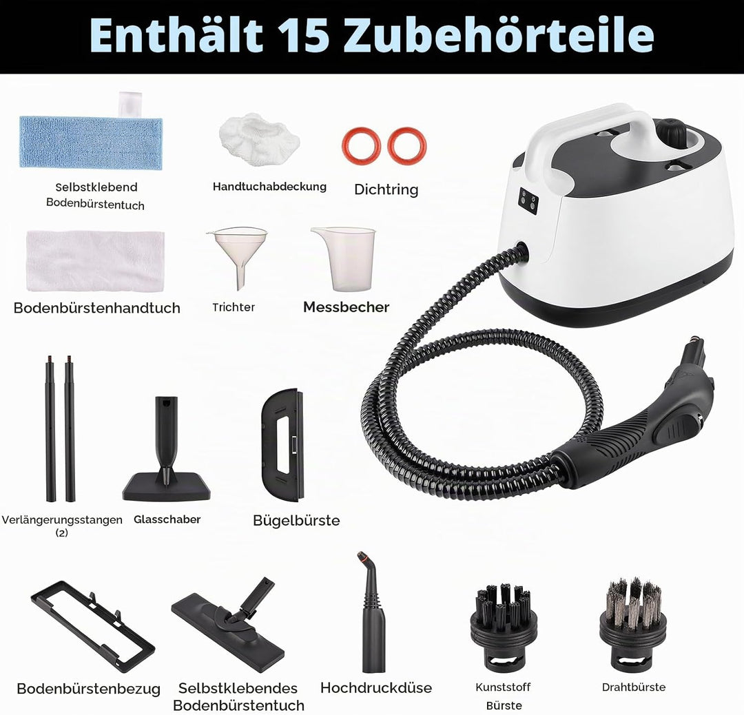 2000W Tragbarer Dampfreiniger Boden mit 1600-ml-Tank, Dampfdruck 4 bar, 15 Zubehörteile, Hochdruck D