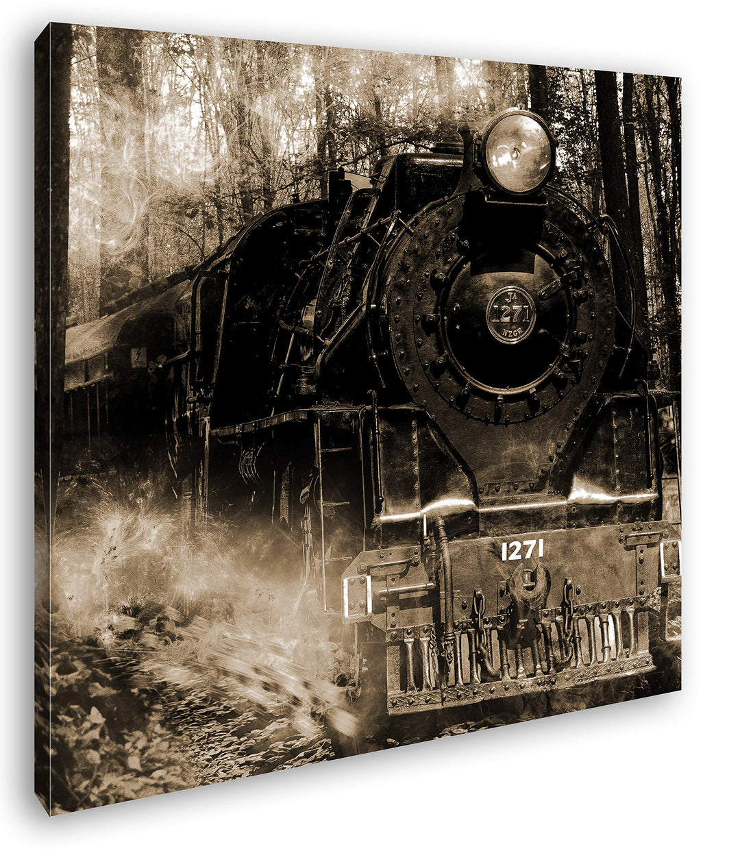 deyoli gewaltige Lokomotive im Wald im Format: 70x70 Effekt: Sepia als Leinwandbild, Motiv auf Echth
