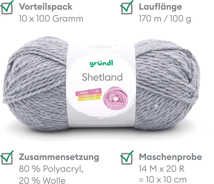 Gründl Shetland Wolle (modisches und weiches Strickgarn aus 80% Polyacryl und 20% Wolle, 100 g / 170