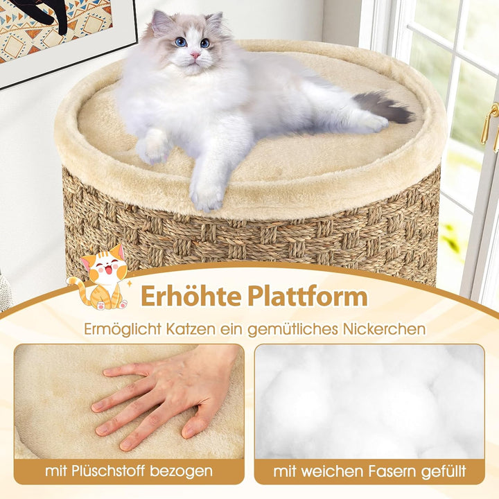 GOPLUS Kratztonne 3 Ebenen, 70 cm Katzentonne mit 3 Höhlen, Sisal-Kratzbrett, Plüschbett & Seetangse