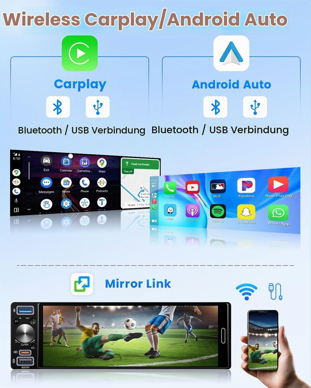 Hikity 1 DIN Autoradio Bluetooth Stereo Auto Bluetooth kompatibel mit Wireless CarPlay &amp; Android Aut