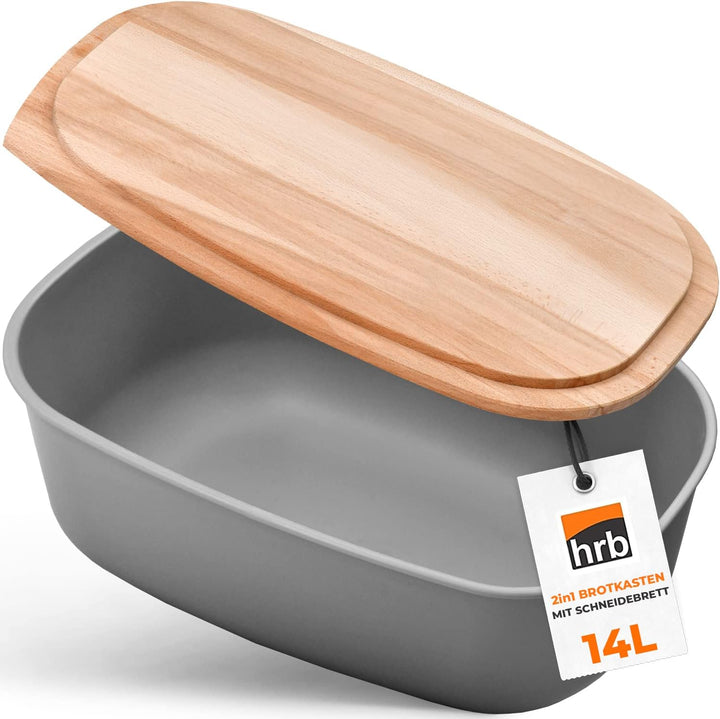HRB Grosser Brotkasten in grau Brotbox Deckel aus Buchenholz, Brotdose mit idealer Grösse Aufbewahru