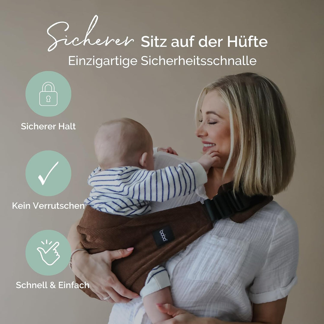 Boba Buddy Kleinkindtrage, Baumwolle, Seiten- &amp; Hüfttrage, Cord Braun | Schnell übergeworfen, mit Si
