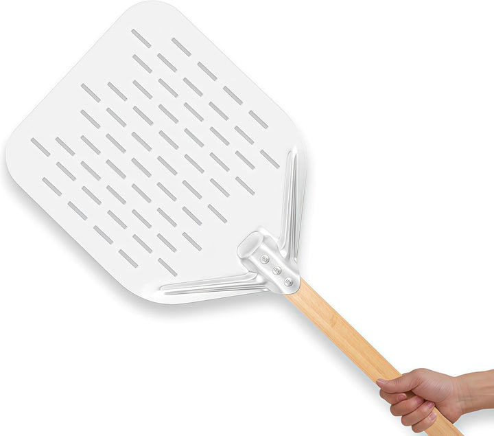 Pizzaschieber perforiert 39.5 * 30 * 70 cm – Aluminium Pizzaschaufel mit abnehmbarem Holzgriff, leic