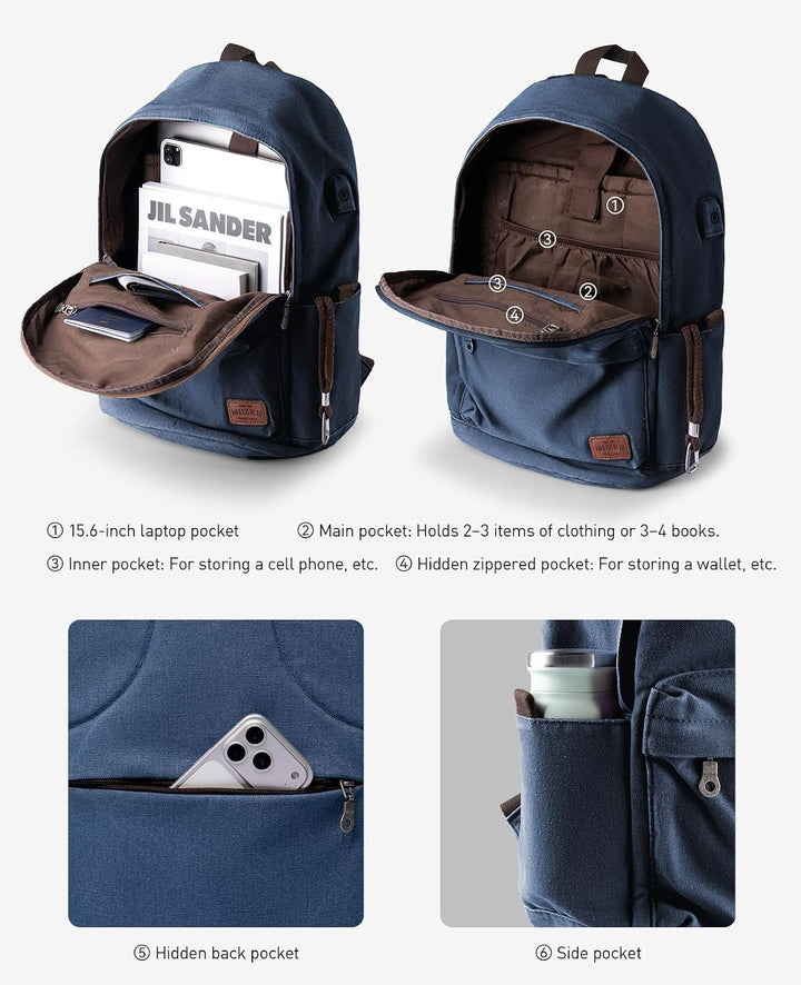 Muzee Canvas Rucksack, Leichter Anti-Diebstahl-Reise-Rucksack mit USB-Ladeanschluss für Herren Damen