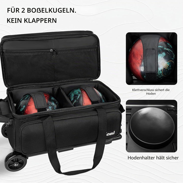 Goloni Bowling Roller Taschen,Bowling Ball Tasche,zwei Ball Bowling Tasche mit Rädern Schwarz, Schwa