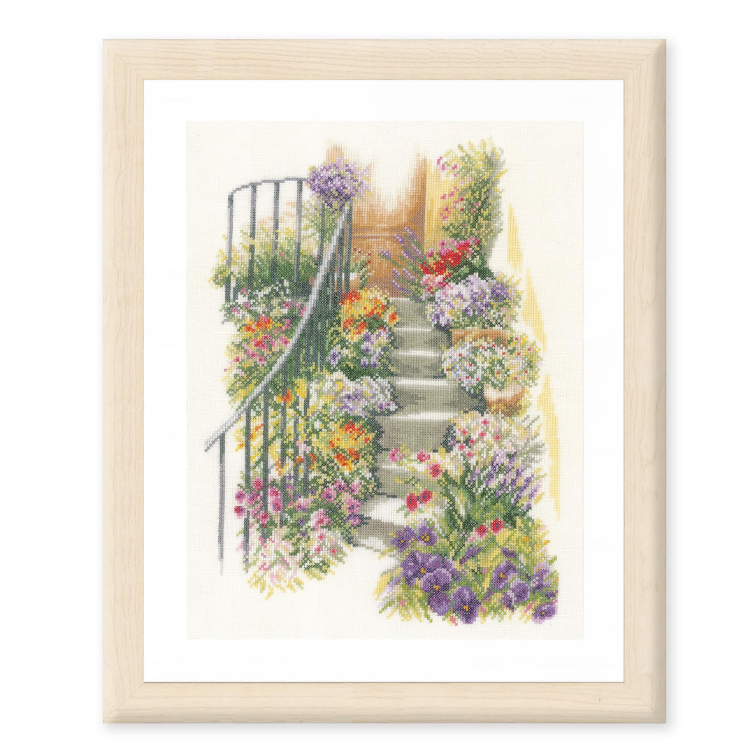 Lanarte Zählmusterpackung Treppe mit Blumen Leinen Kreuzstichpackung, Baumwolle, Mehrfarbig, 27.0 x